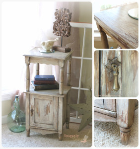 Shabby Chic paints shimmer chalk acrylic chippy distressed laminate pressed wood uniquely grace end table night stand cabinet