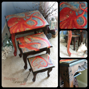 SM Collage oscar the octopus uniquely grace shabby paints nesting table refinish reuse hand painted art artist wood flip