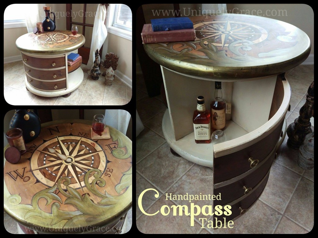 Bar Glass drink Compass explore uniquely grace shabby paints old vibrant gold smoked pearl vanilla bear chalk shimmer drum library table solid wood refinish beautiful one of a kind OOAK