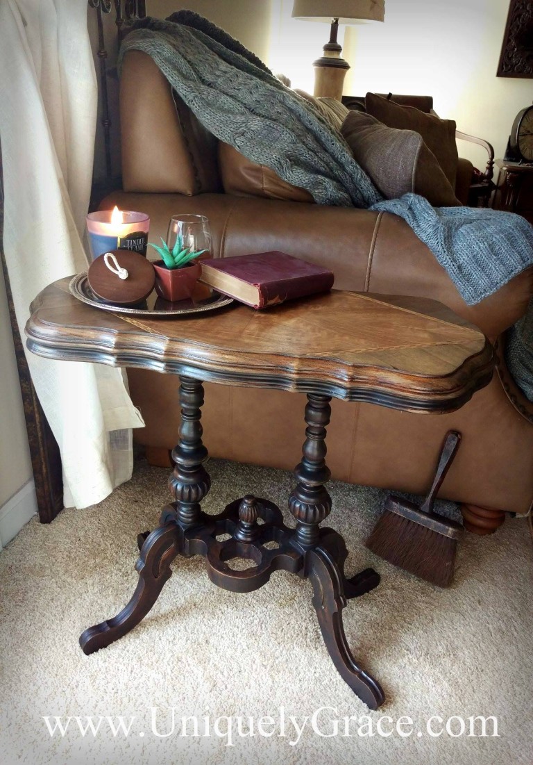 Edgar Victorian Parlor Table Circa 1870 black chalk paint wood inlay walnut rosewood uniquely grace