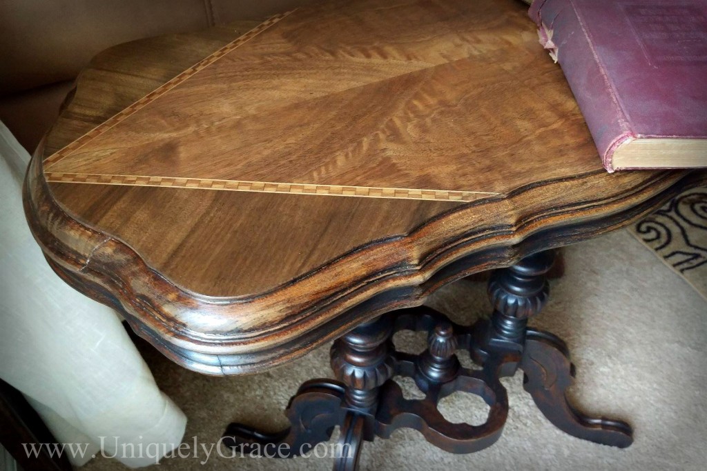 Edgar Victorian Parlor Table Circa 1870 black chalk paint wood inlay walnut rosewood uniquely grace close up of top