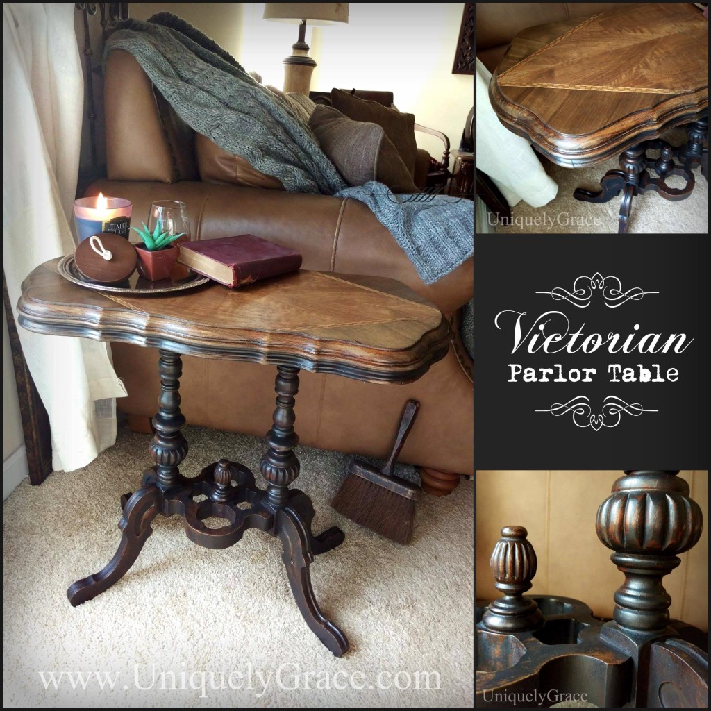 Edgar Victorian Parlor Table Circa 1870 black chalk paint wood inlay walnut rosewood uniquely grace collage