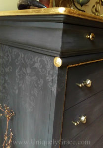 LOGO Damask stencil close up side dresser gold leaf vintage pulls drawers pure original uniquely grace