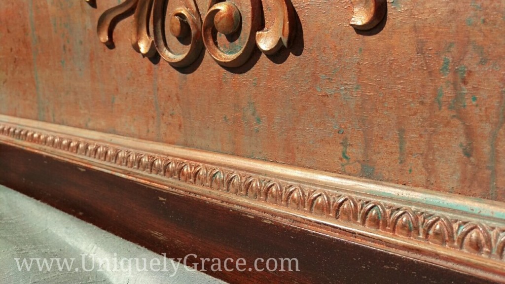 Vintage mahogany headboard egg dart molding copper penny shimmer paint patina chalk acrylic uniquely grace terra bella