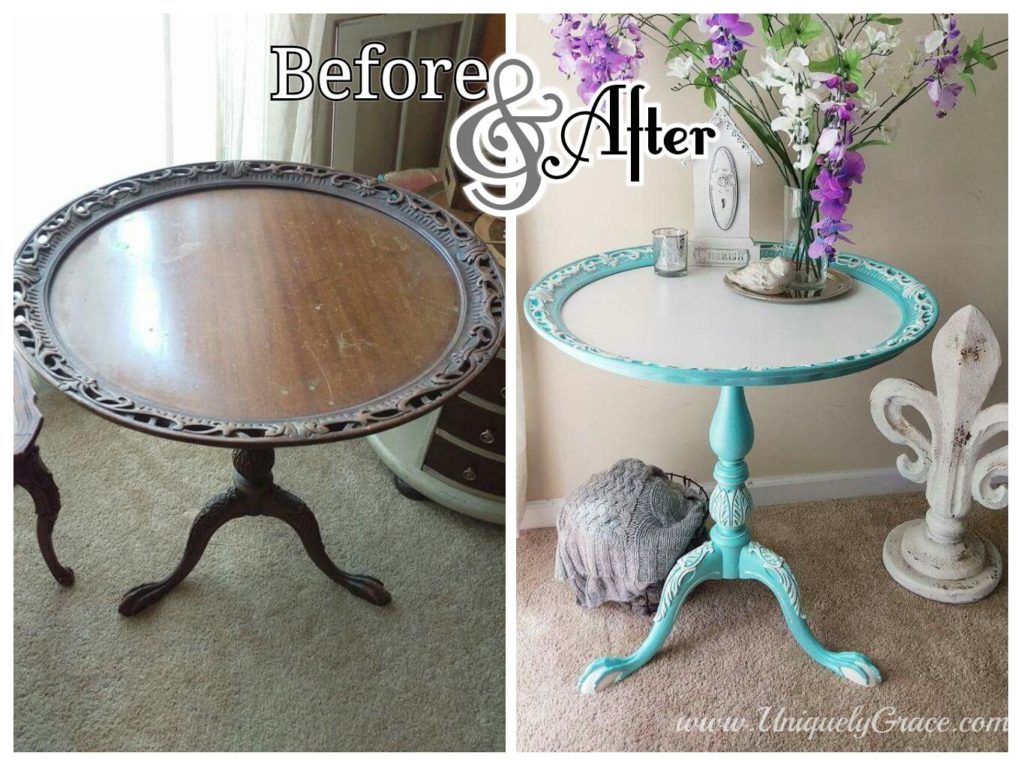 Before and after of Tiffany tea table pie crust edge with tri leg pedastal with ball and claw foot