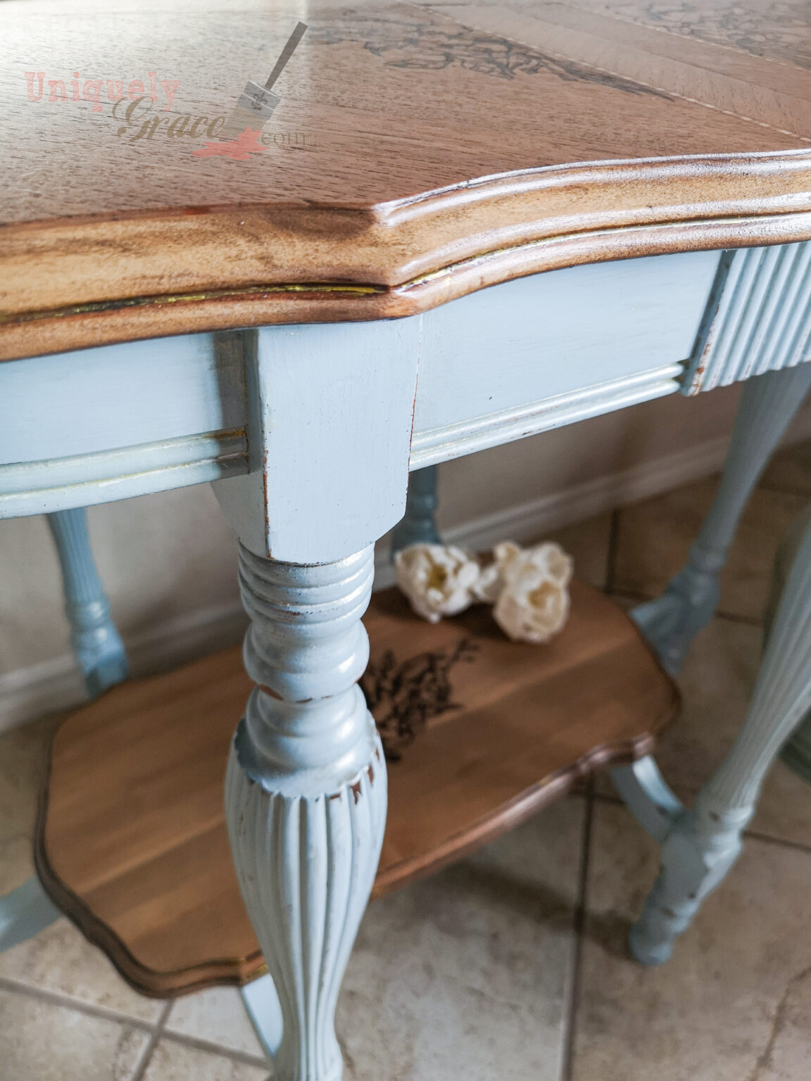 French Antique Entryway Table Refinished Country Blue Peony Flowers