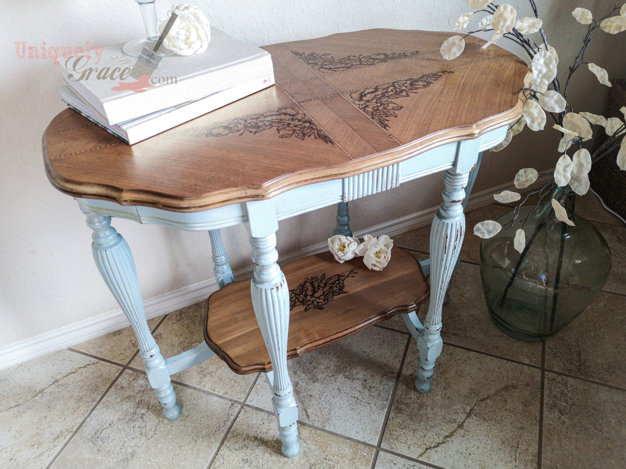 French Antique Entryway Table Refinished Country Blue Peony Flowers