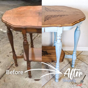 French country parlor table before and after Uniquely Grace Designs refinished it.