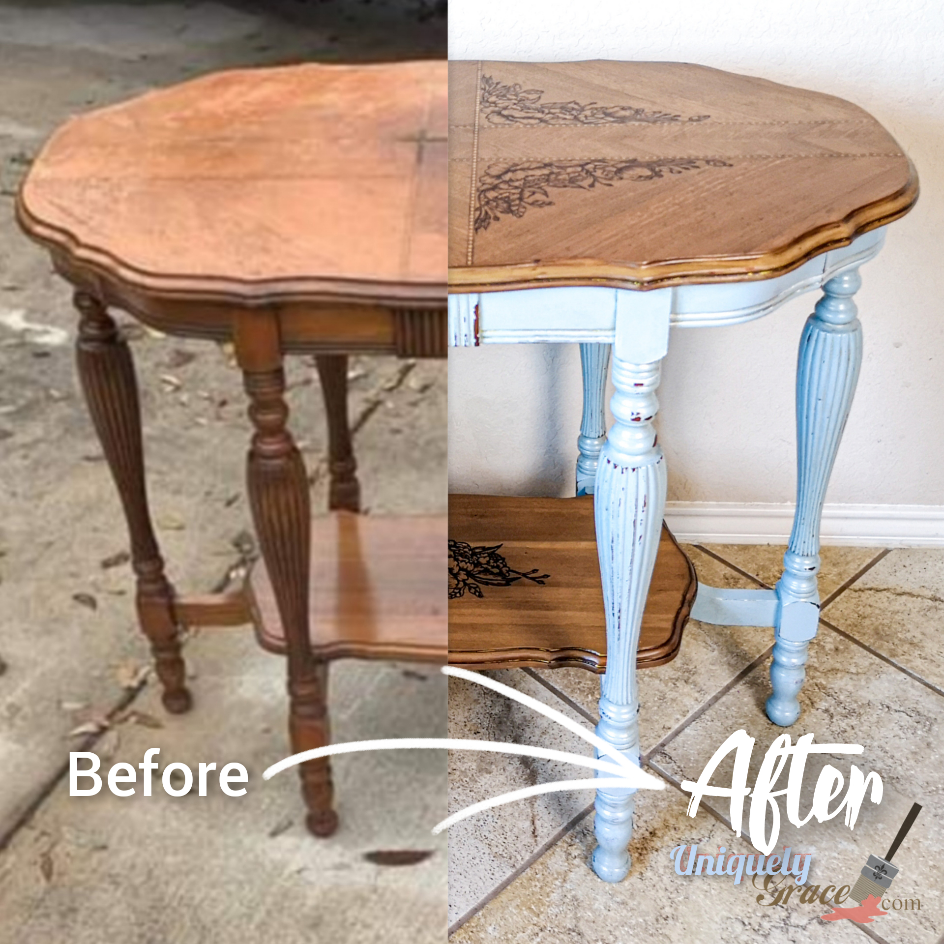 French country parlor table before and after Uniquely Grace Designs refinished it.