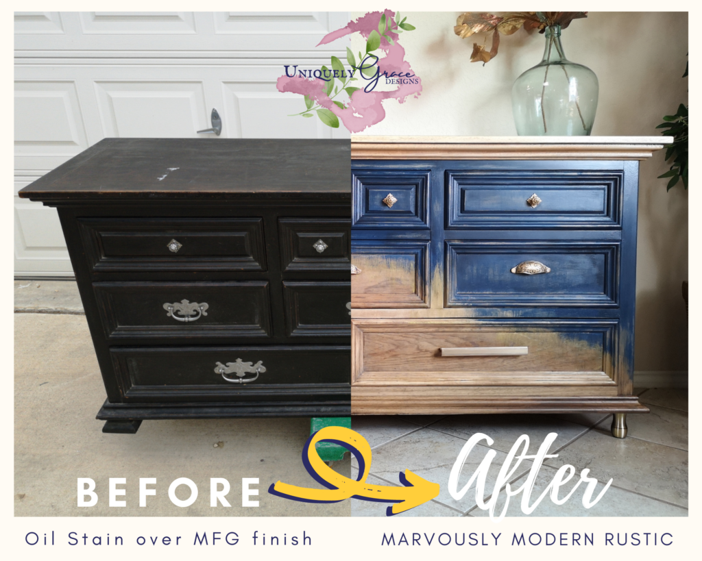 Before and After images of the refinishing process for this Thomasville Dresser .